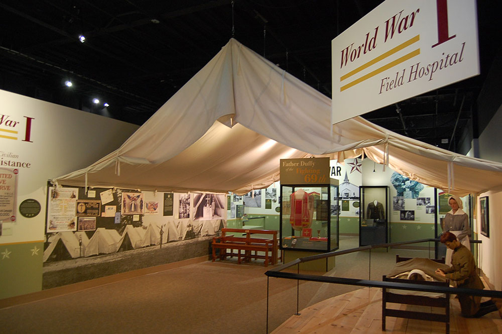 World War I field hospital museum exhibit inside the US Army Chaplain Corps Museum.